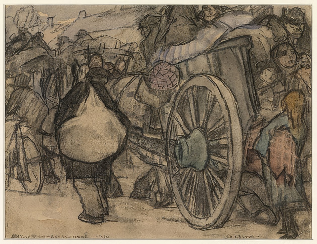 Flüchtlinge auf dem Weg von Amsterdam nach Roosendaal (Pakolaiset matkalla Antwerpenistä Roosendaaliin). 1914 tekijältä Leo Gestel