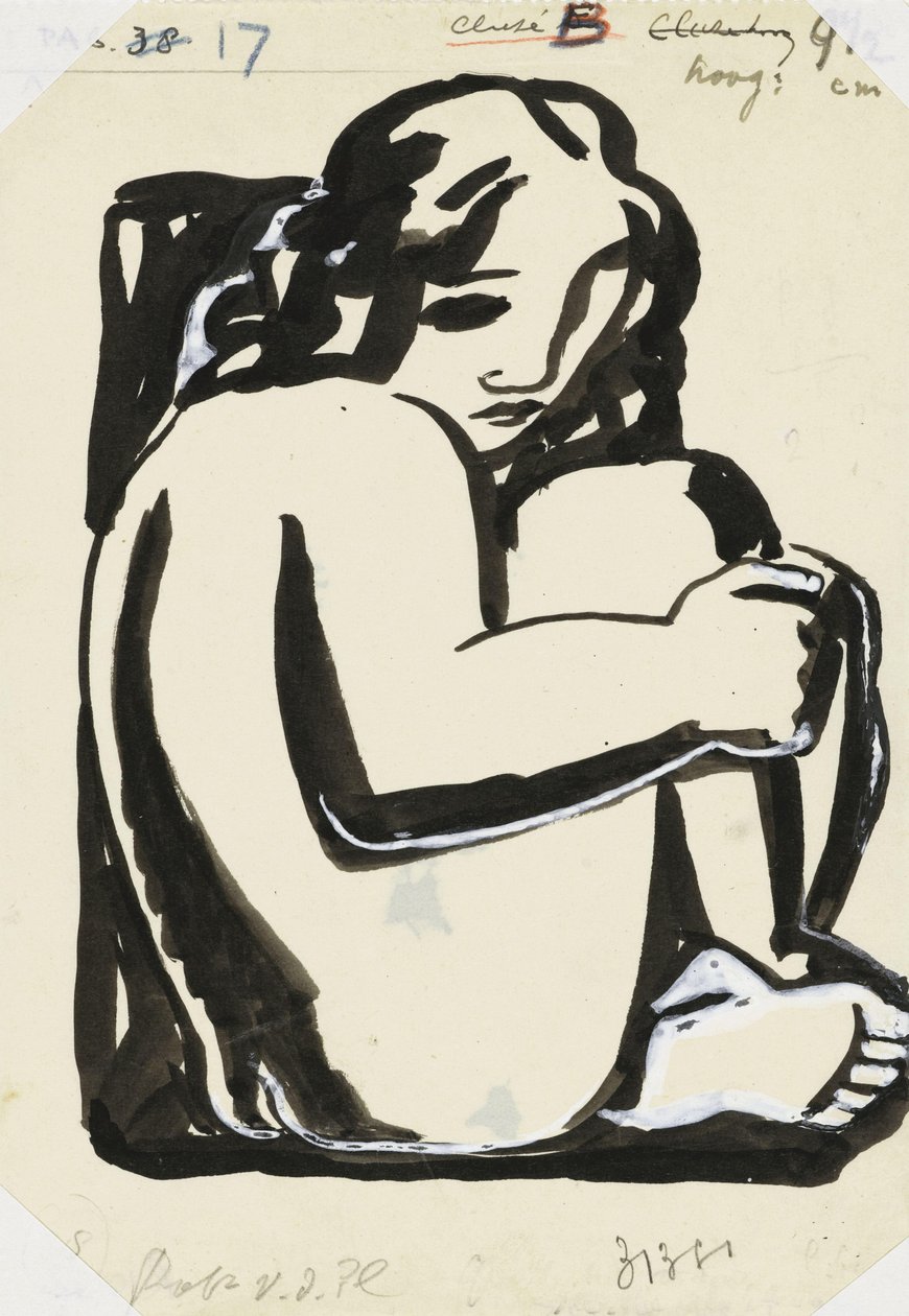 Alaston istuva nainen koukussa polvilla (luonnos) tekijältä Leo Gestel