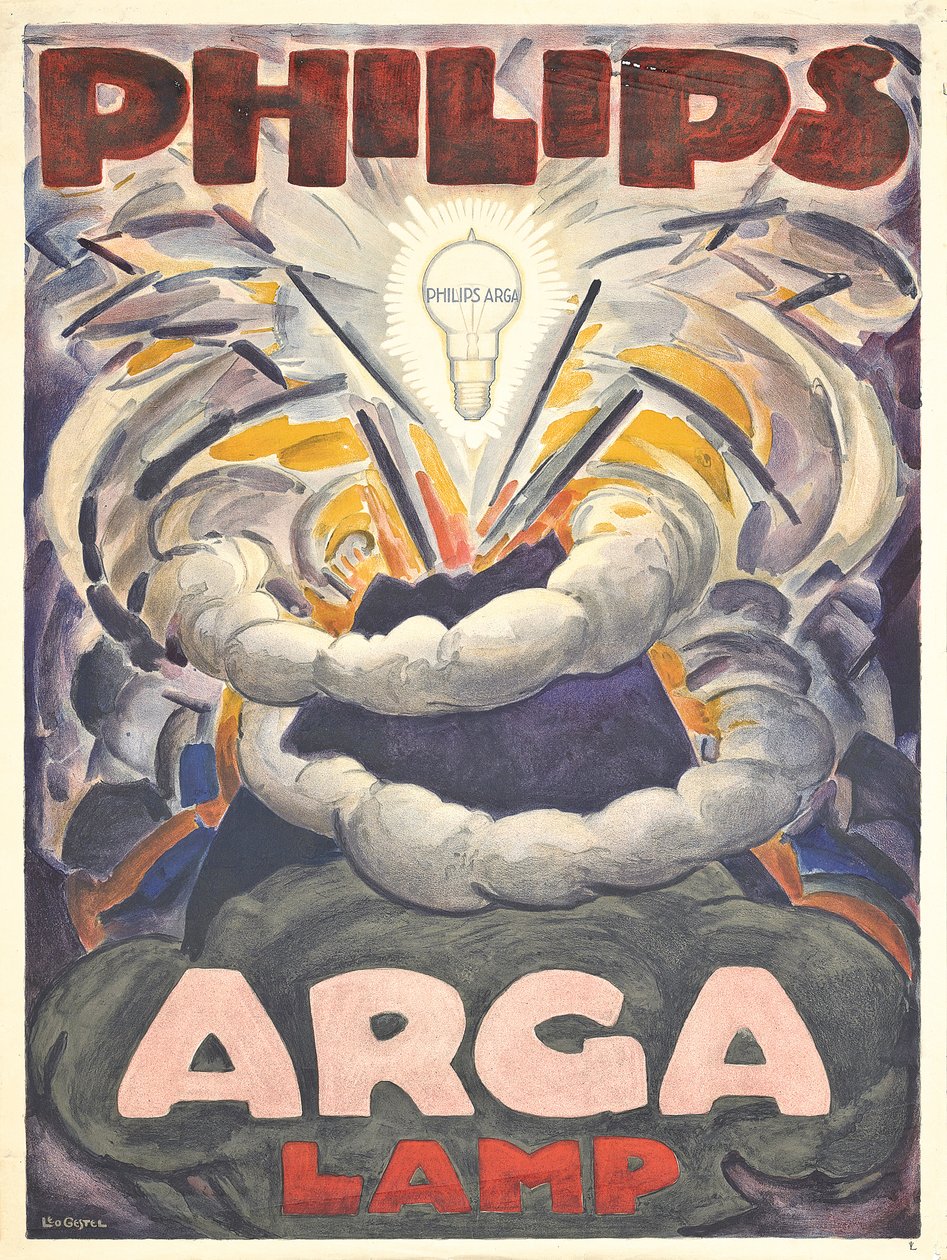 Mainosjuliste Philips Arga Lamp, n. 1918 (värilitografia) tekijältä Leo Gestel