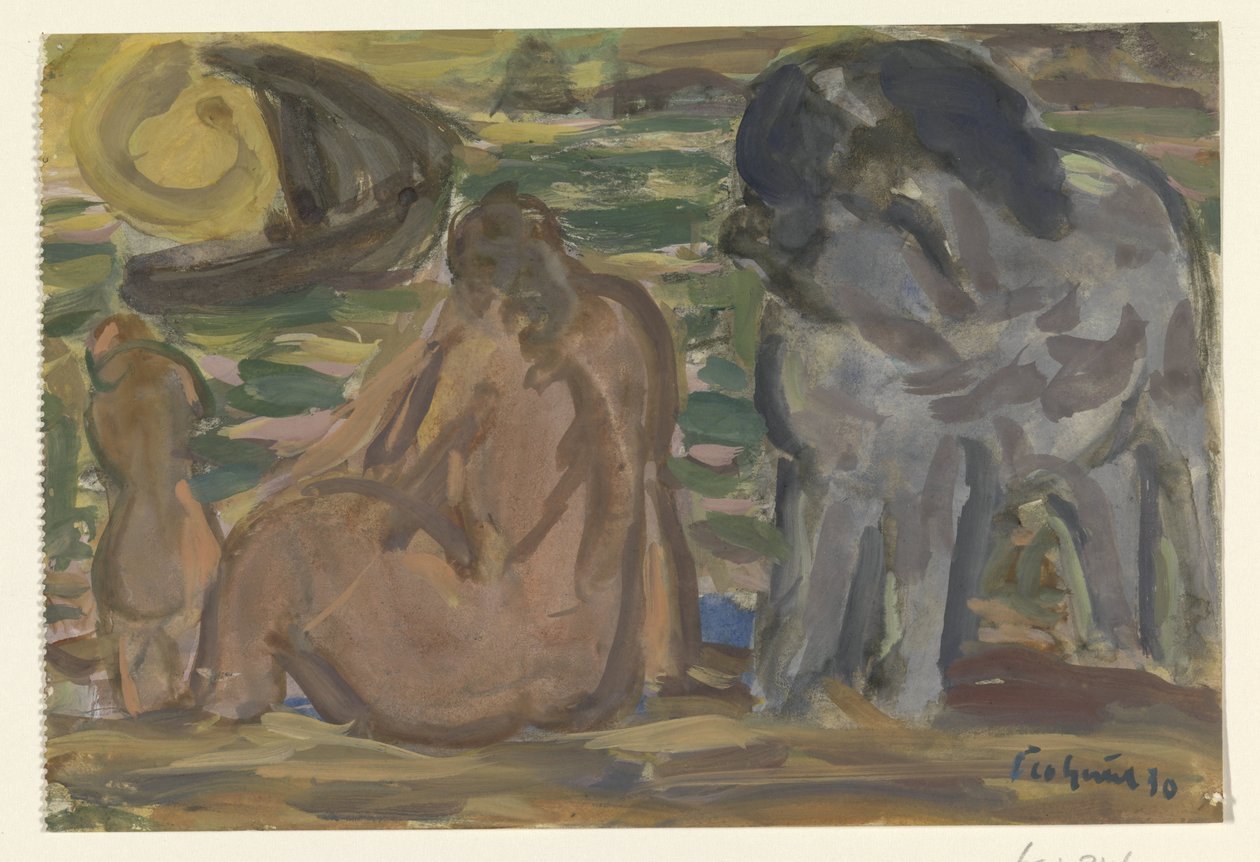 Kaksi alastomaa hahmoa ja hevonen meren rannalla tekijältä Leo Gestel