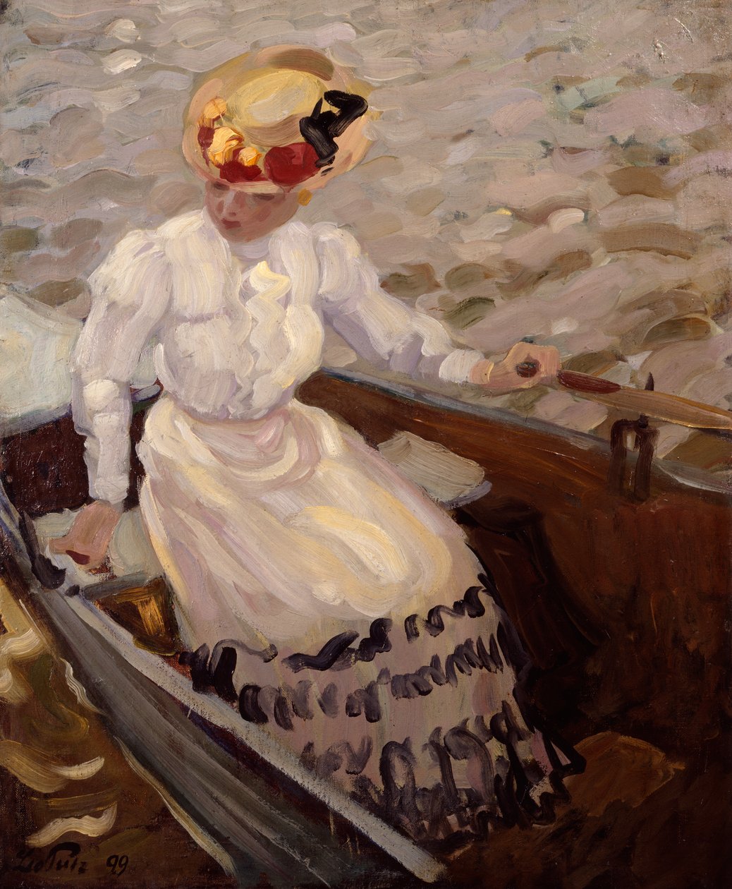 Elegantti nainen soutuveneessä (öljy kankaalle) tekijältä Leo Putz
