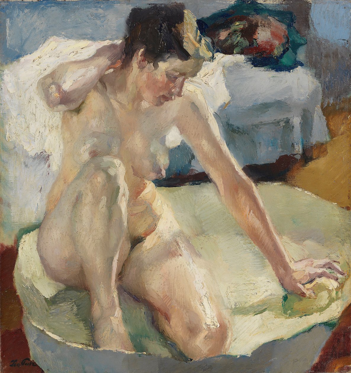 Au bain II - Kylpylässä II, kirjoittanut Putz, Leo (1869-1940). Öljy kankaalle tekijältä Leo Putz