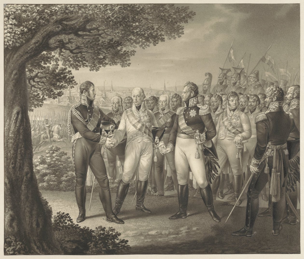 Liittoutuneiden hallitsijoiden ensimmäinen tapaaminen ministeriensä kanssa Prahassa, 18. elokuuta 1813 tekijältä Leo Wolf