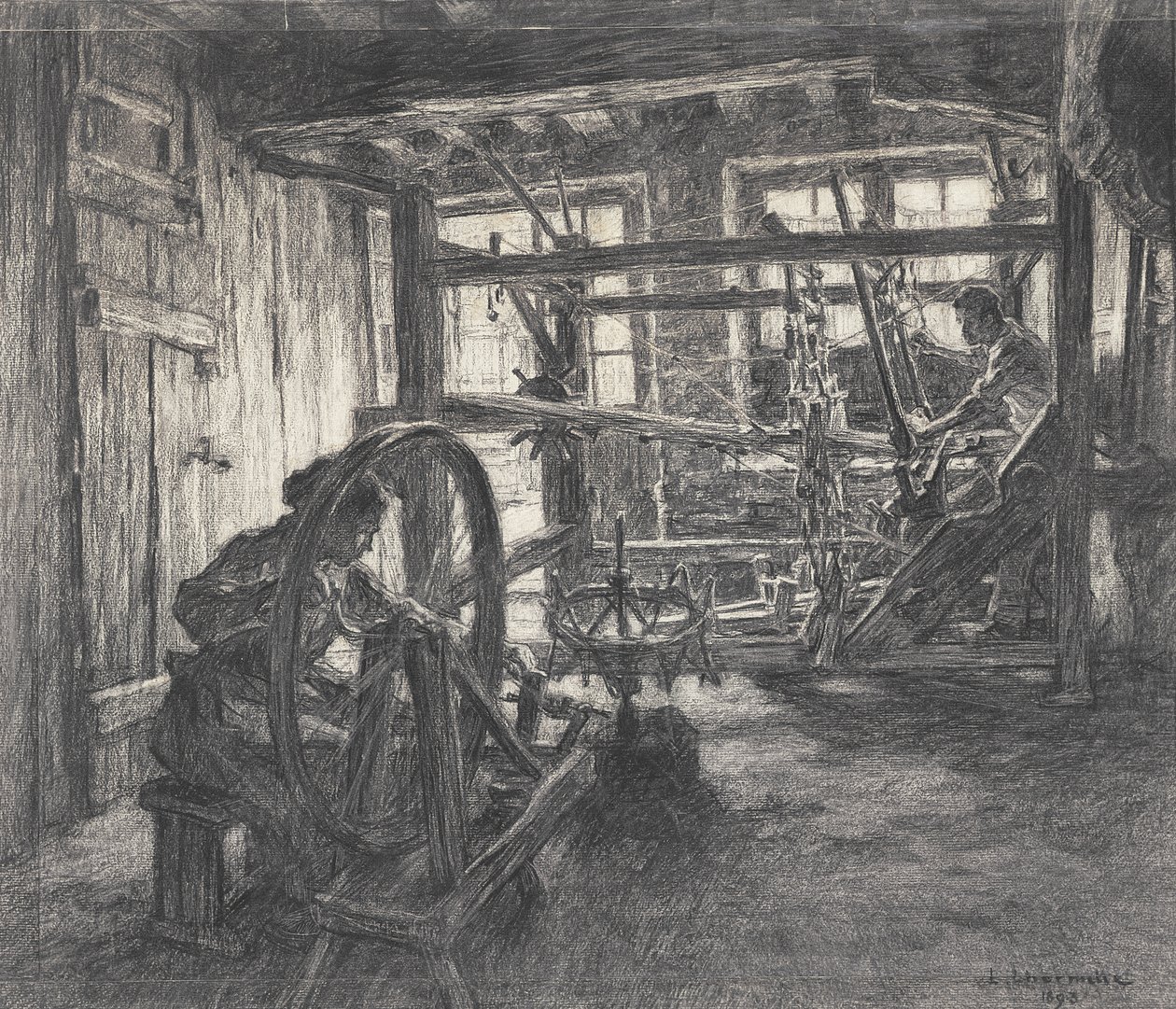 Kutojan työpaja Dinanissa tai Weaver ja hänen vaimonsa, 1893 (hiili paperilla) tekijältä Leon Augustin Lhermitte