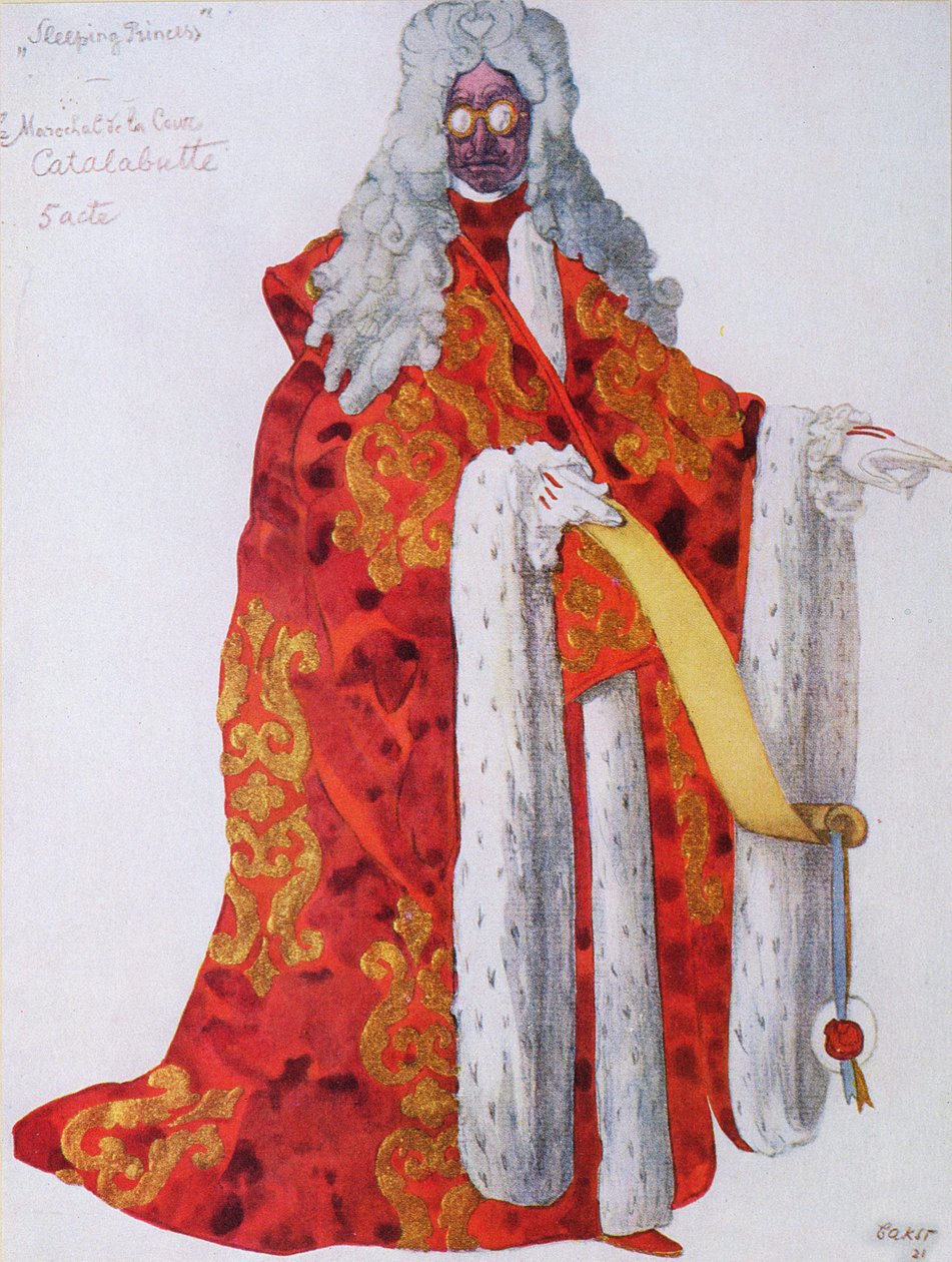 Pukusuunnittelu marsalkka Cantalabutte, Prinsessa Ruusunen, 1921 tekijältä Leon Bakst