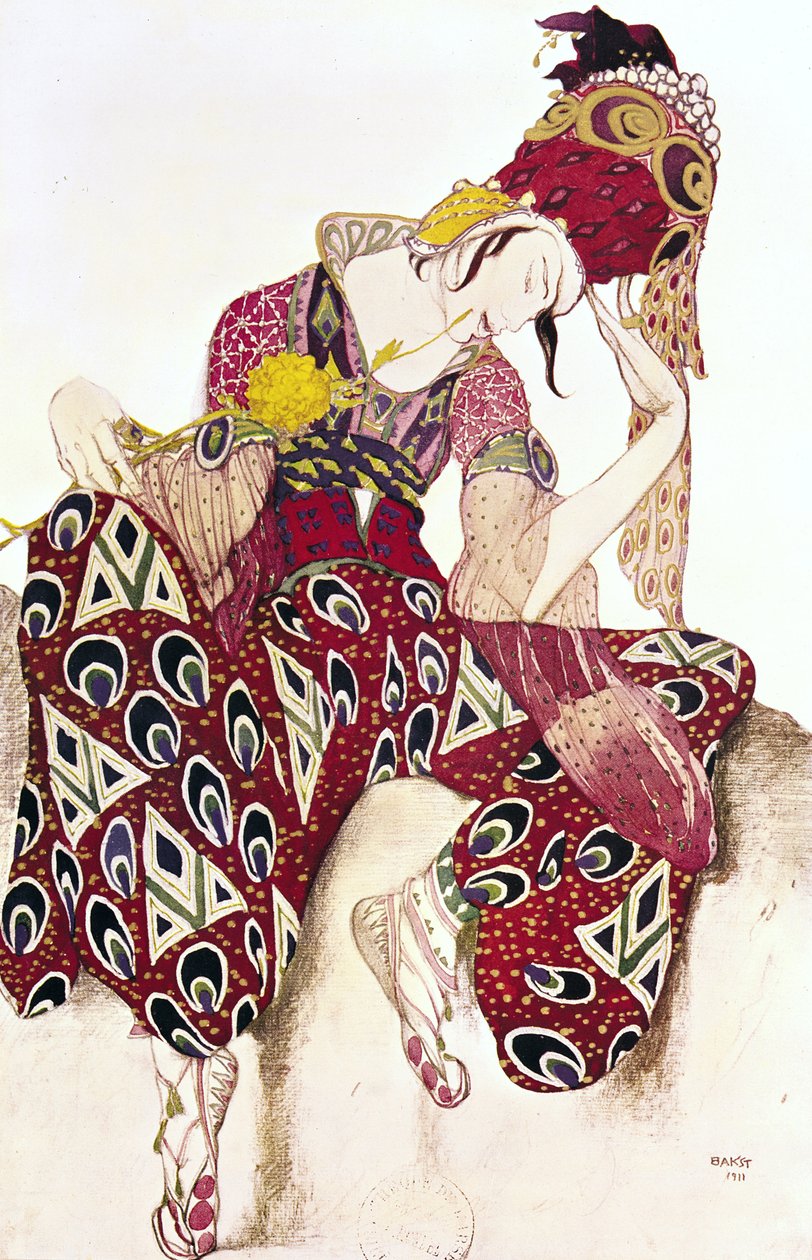 Pukusuunnittelu Nijinskylle Paul Dukasin (1865-1935) baletissa "La Peri" 1911 tekijältä Leon Bakst