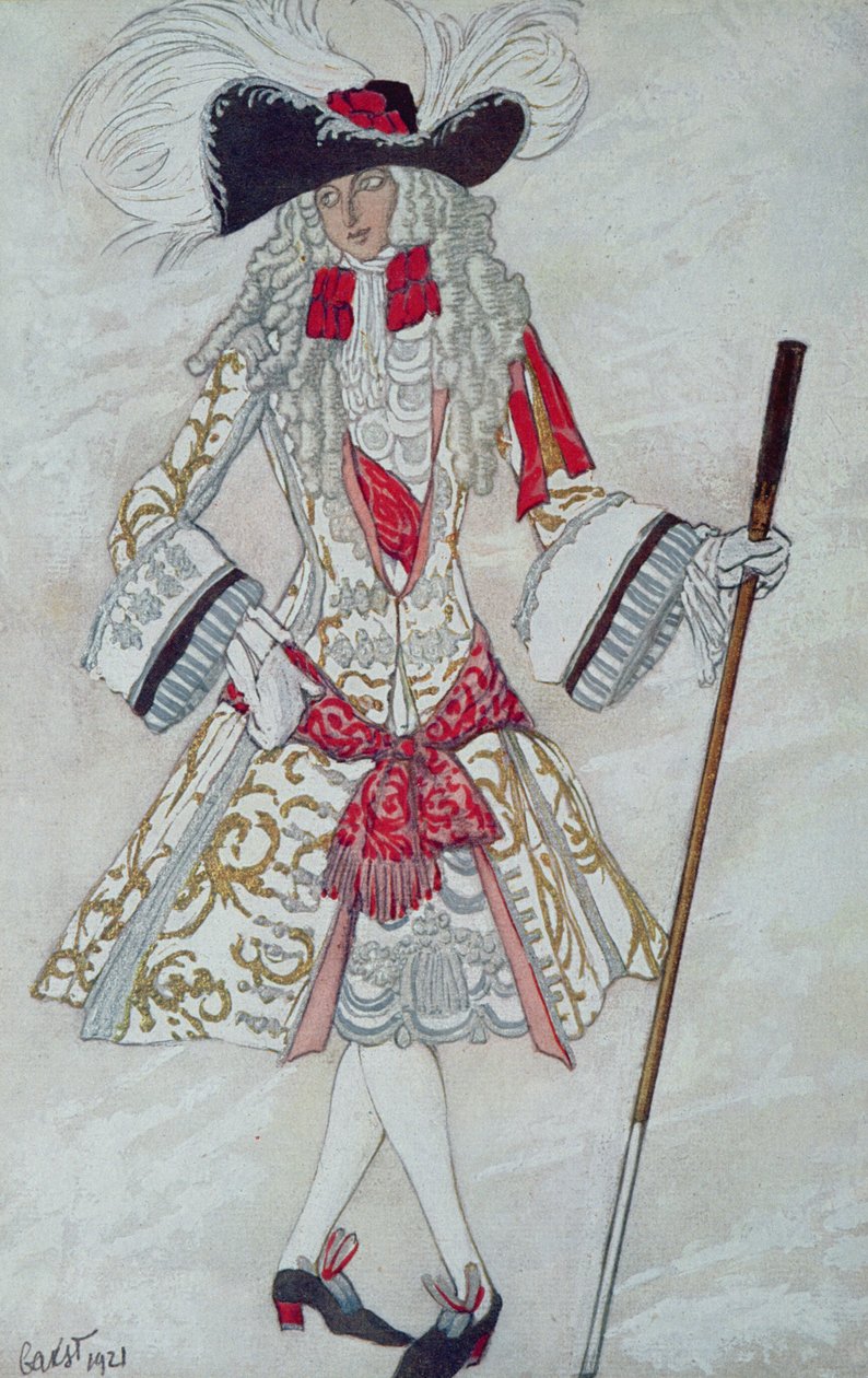 Pukusuunnittelu Prince Charming at Courtissa, Prinsessa Ruusunen, 1921 tekijältä Leon Bakst