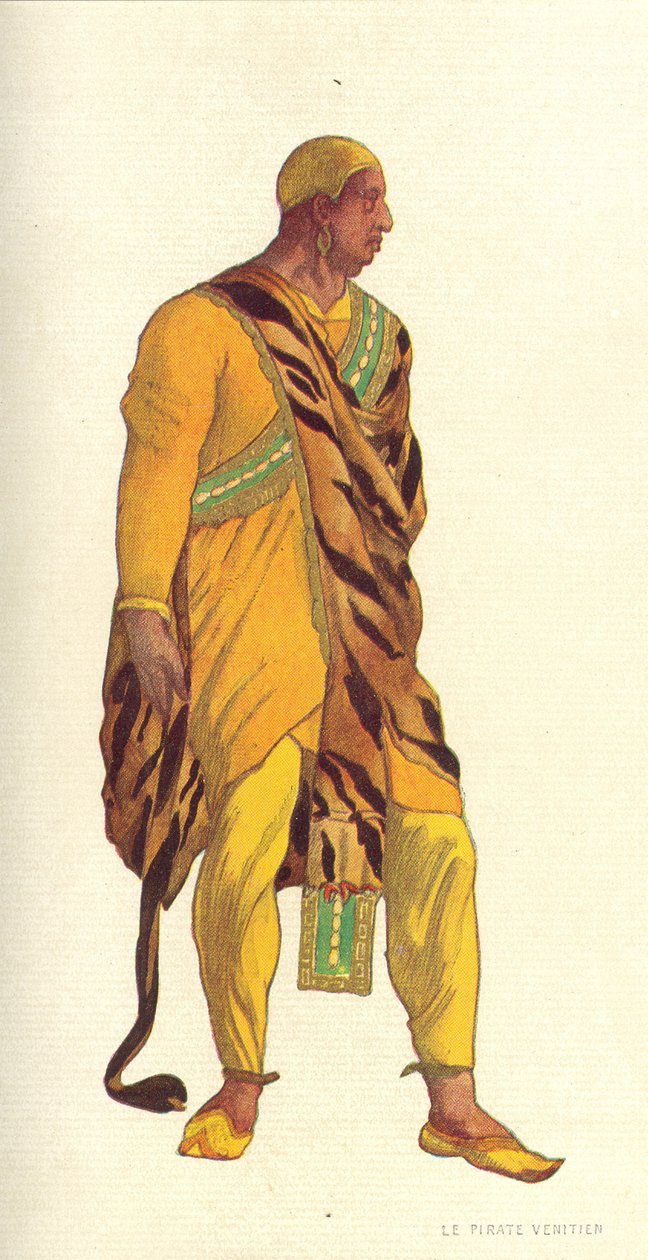 Pukusuunnittelu venetsialaiselle merirosvolle elokuvassa The Legend of Joseph, 1914 (wc ja guassi paperilla) tekijältä Leon Bakst