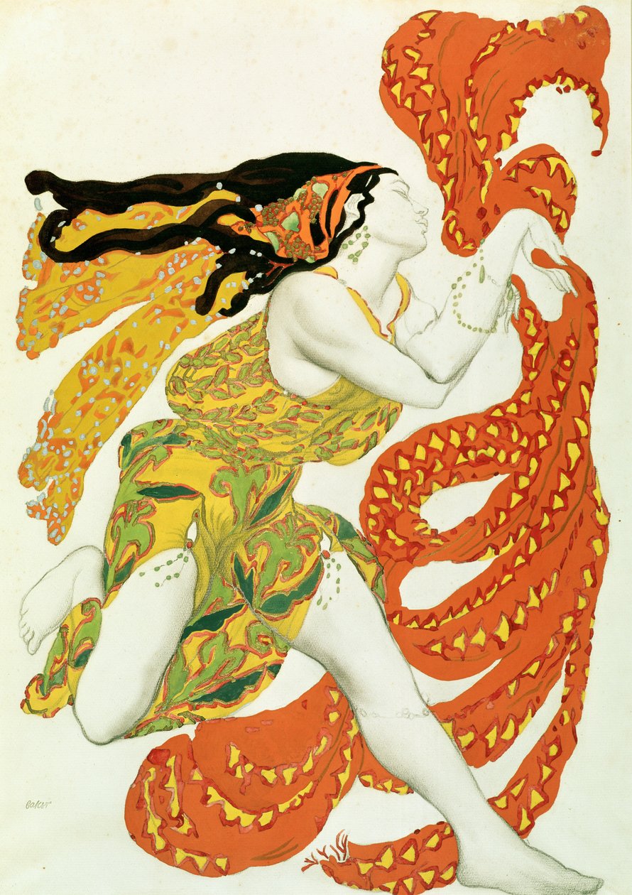 Bacchanten pukusuunnittelu Tcherepninin Narcissessa, 1911 (kynä ja wc paperilla) (katso myös 4728) tekijältä Leon Bakst