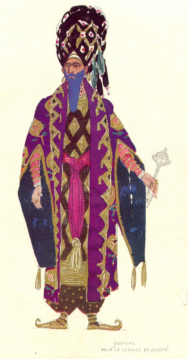 Pukusuunnittelu Joosefin legendan hahmolle, 1914 (wc ja kultaa paperilla) tekijältä Leon Bakst