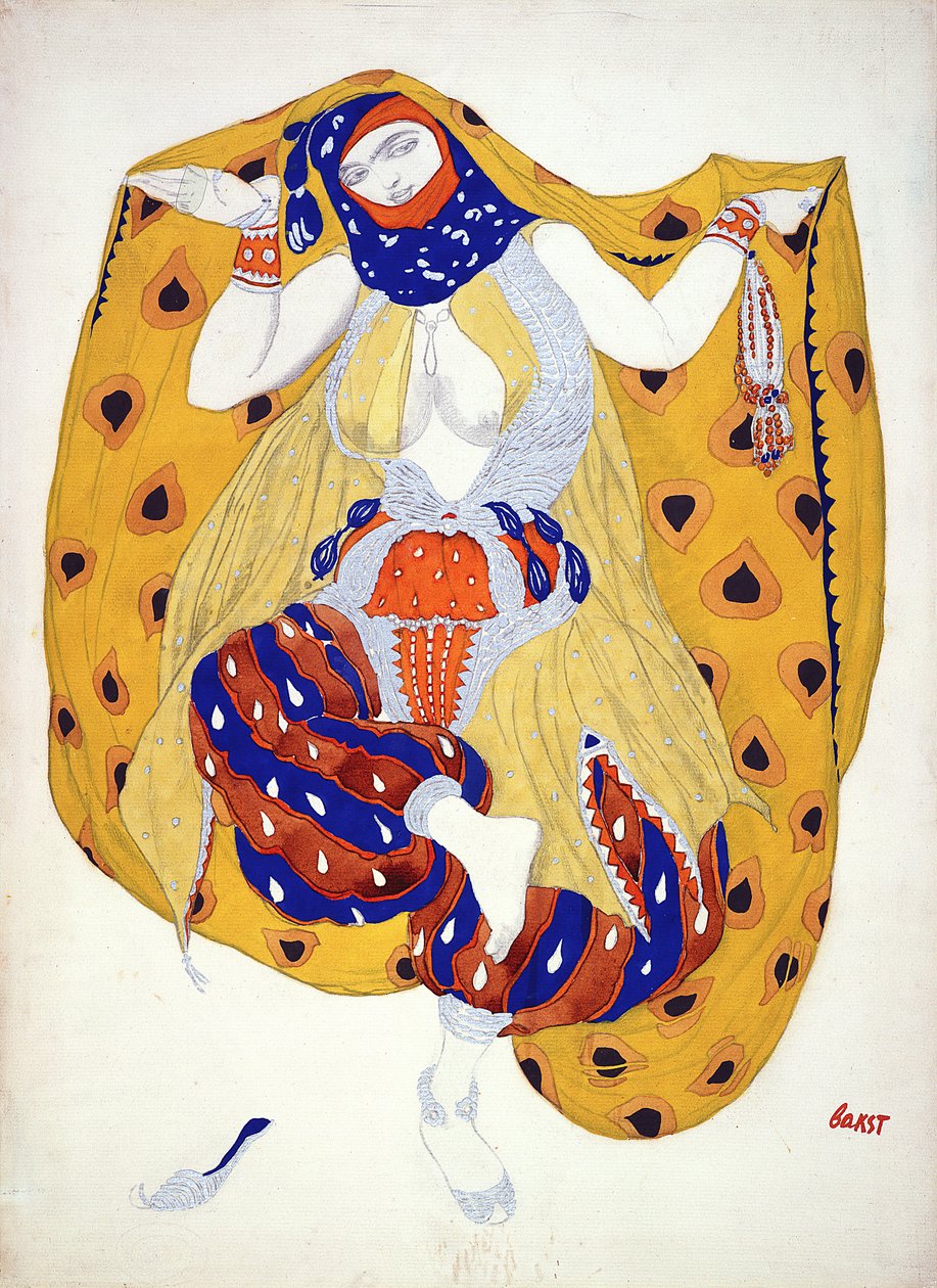 Pukusuunnittelu tanssijalle "Scheherazade", baletissa, jonka ensimmäisenä on tuottanut Diaghilev, tekijältä Leon Bakst