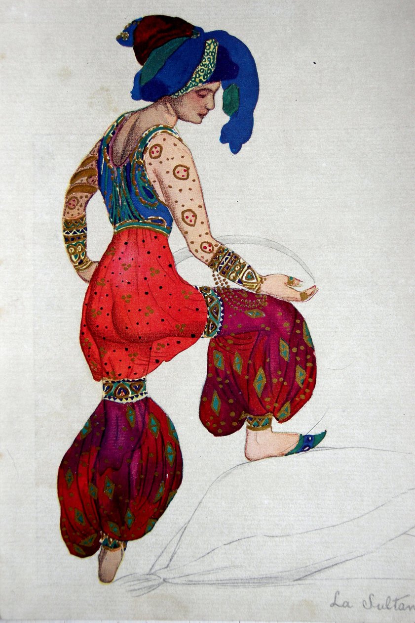 Pukusuunnittelu Siniselle sulttaanille "Scheherazade", n. 1910 tekijältä Leon Bakst