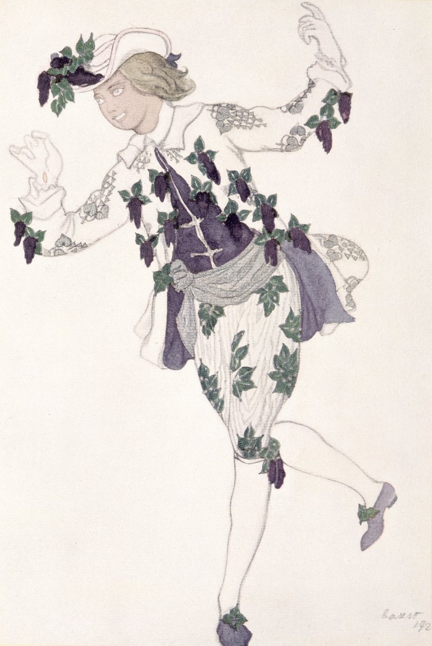 Pukusuunnittelu keijuliiran Pageboylle, Prinsessa Ruusunen, 1921 tekijältä Leon Bakst