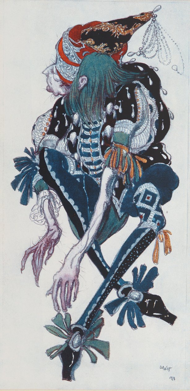 Pukusuunnittelu pahan keiju Carabossen sivupojalle, Prinsessa Ruusunen, 1918 tekijältä Leon Bakst