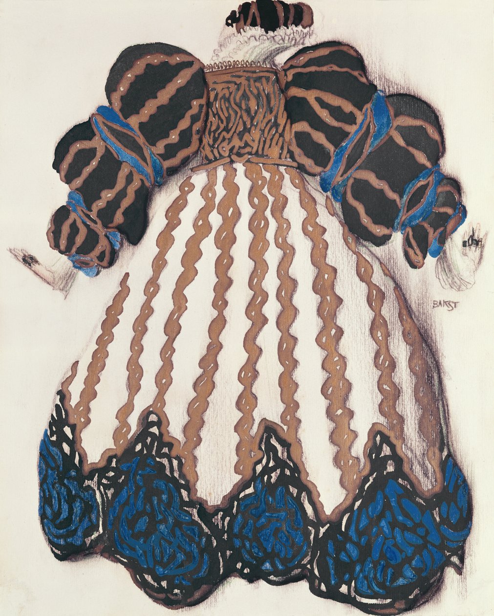 Pukusuunnittelu balettiin "La Legende de Joseph", 1914 (hiili ja guassi paperilla) tekijältä Leon Bakst