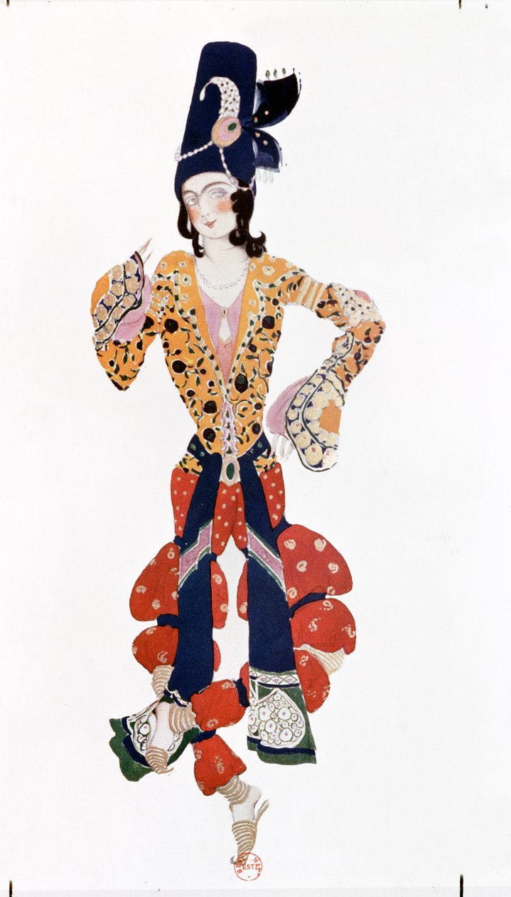 Puku Nijinskille (1890-1950) Rimski-Korsakovin (1844-1908) baletissa "Scheherazade", koreografi Michel Fokine (1880-1942) 1910 tekijältä Leon Bakst