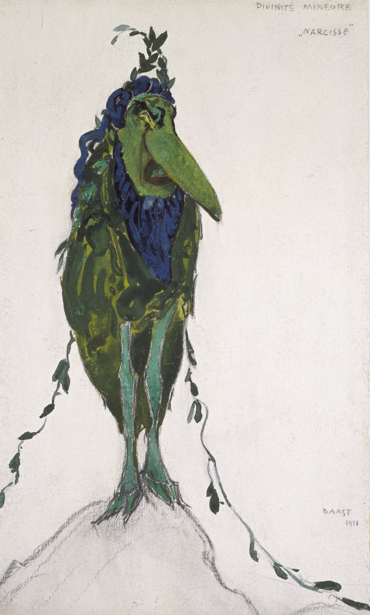La Divinité Mineure -asu elokuvalle "Narcisse", 1911 (vartalon väri ja grafiitti valkoisella kudottupaperilla) tekijältä Leon Bakst