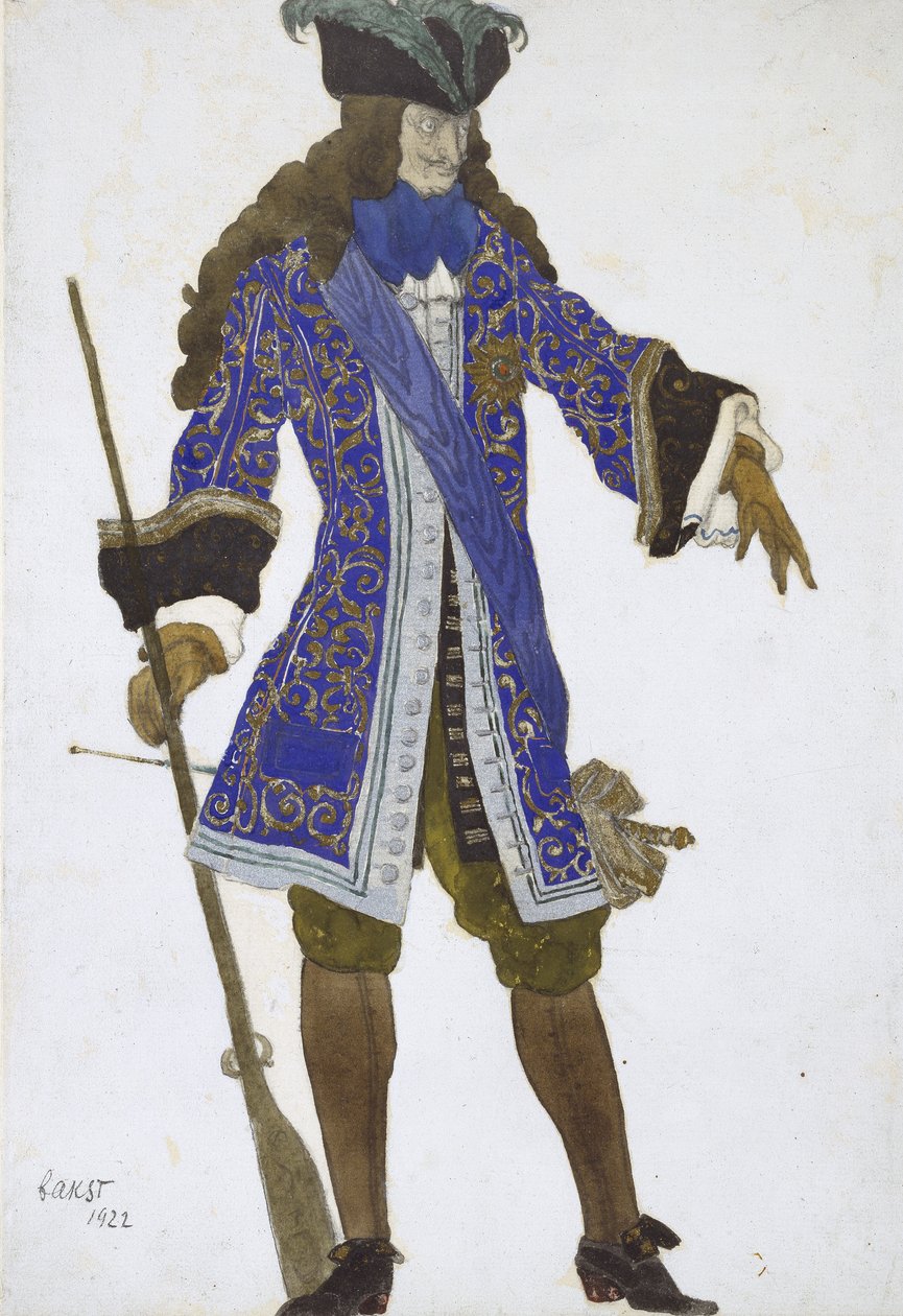 Suunnittelu kreivin puvulle Nukkuva prinsessan III näytöksessä, 1922 (akvarelli ja vartaloväri kulta- ja hopeamaaleilla grafiitin päällä kermapaperilla) tekijältä Leon Bakst