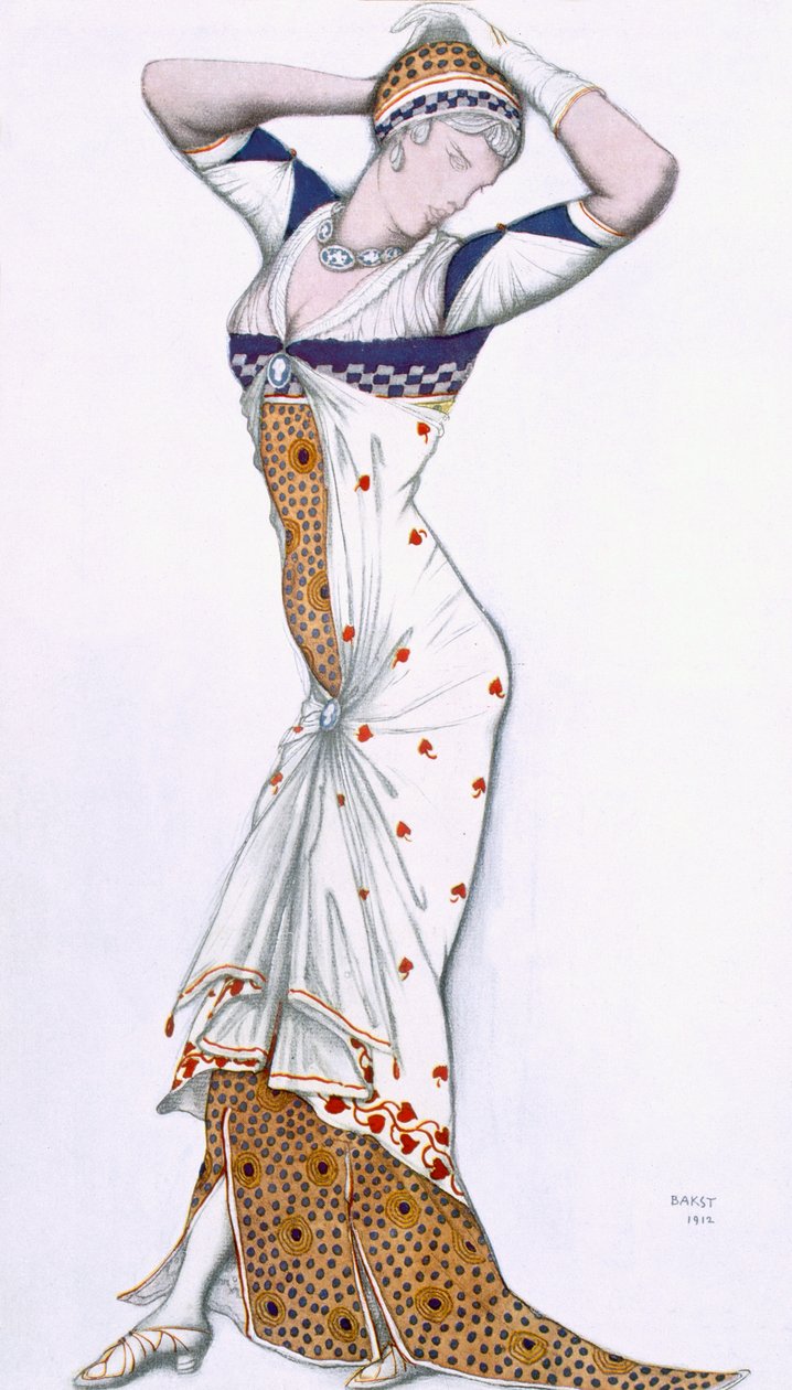 Suunnitelma teoksesta A Fantasy of Modern Costume, 1912 tekijältä Leon Bakst