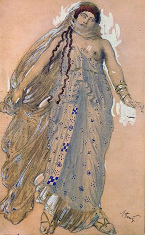 Phaedra, Pukusuunnittelu Euripides-draamaan Hippolytos, 1902 (wc & öljy pahville) tekijältä Leon Bakst