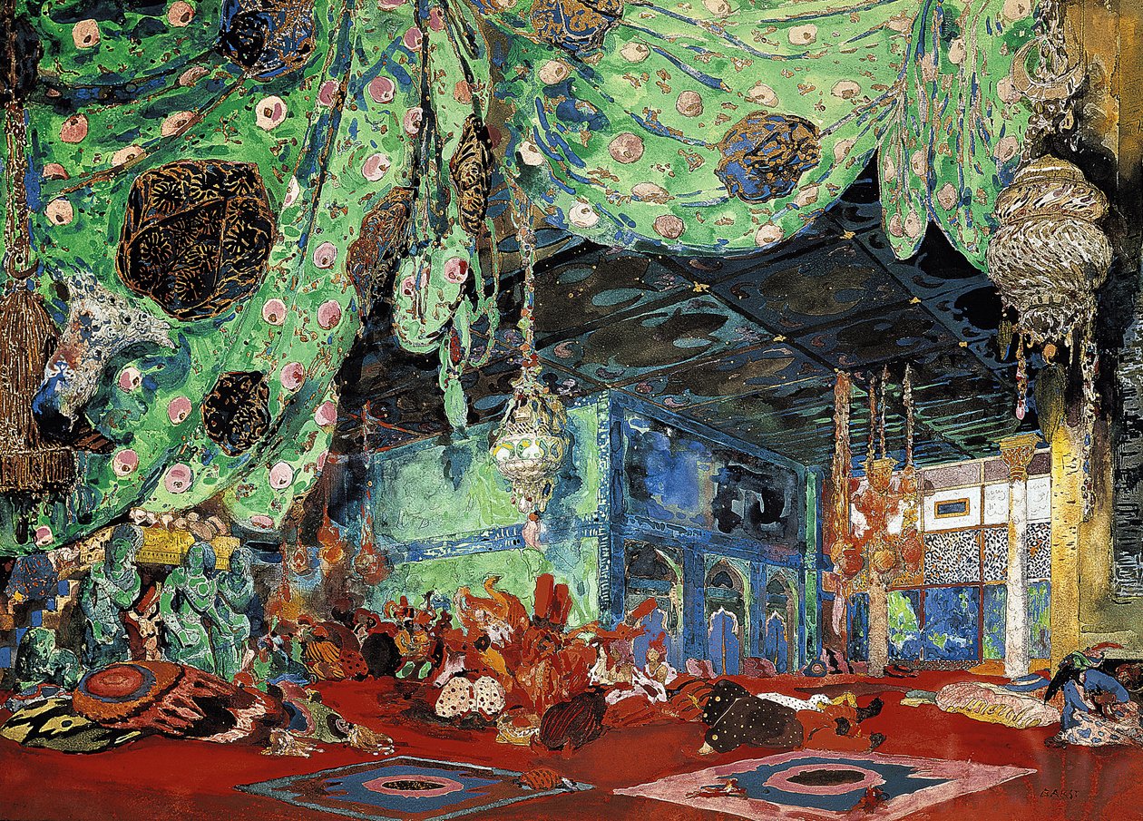 Rimski-Korsakovin (1844-1908) lavastus "Scheherazade" 1916 tekijältä Leon Bakst