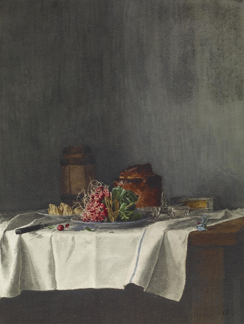 Asetelma retiisien ja pateen kanssa, 1864 (tussi, lyijykynä ja wc paperille) tekijältä Léon Bonvin