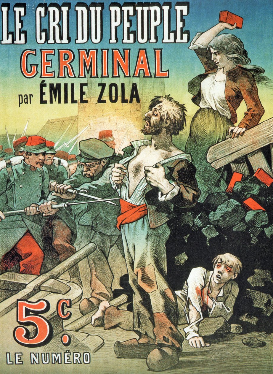 Juliste, joka mainostaa Emile Zolan (1840-1902) julkaisua "Germinal" Le Cri du Peuplessa tekijältä Leon Choubrac