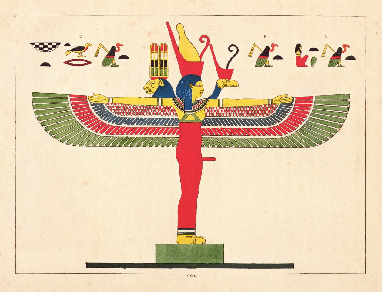 Egyptiläinen jumalatar, kuvitus Egyptin Pantheonista: Jean-Francois Champollionin kokoelma mytologisia hahmoja muinaisesta Egyptistä, julkaistu 1823-25 tekijältä Leon Jean Joseph Dubois