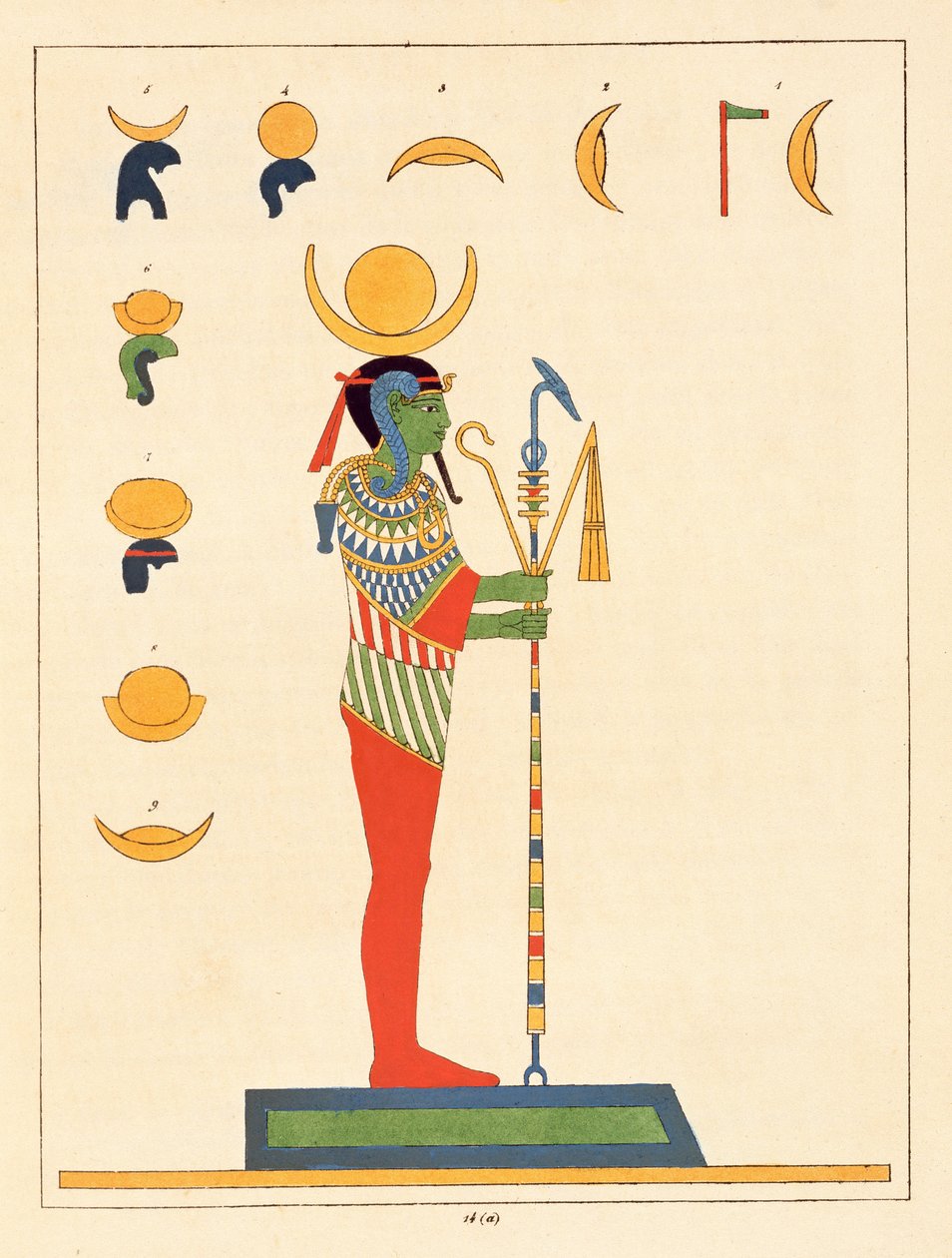 Khonsu-jumala, kuvitus Egyptin Pantheonista: Jean-Francois Champollionin kokoelma mytologisia hahmoja muinaisesta Egyptistä, julkaistu 1823-25 tekijältä Leon Jean Joseph Dubois