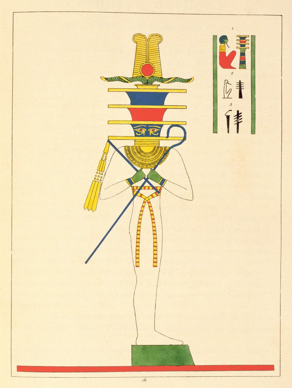Ptah-jumala, kuva Egyptin Pantheonista: Jean-Francois Champollionin kokoelma mytologisia hahmoja muinaisesta Egyptistä, julkaistu 1823-25 tekijältä Leon Jean Joseph Dubois