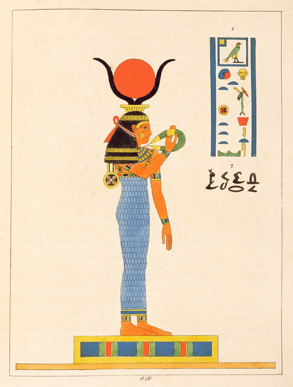 Jumalatar Hathor, kuvitus Egyptin Pantheonista: Jean-Francois Champollionin kokoelma mytologisia hahmoja muinaisesta Egyptistä, julkaistu 1823-25 tekijältä Leon Jean Joseph Dubois
