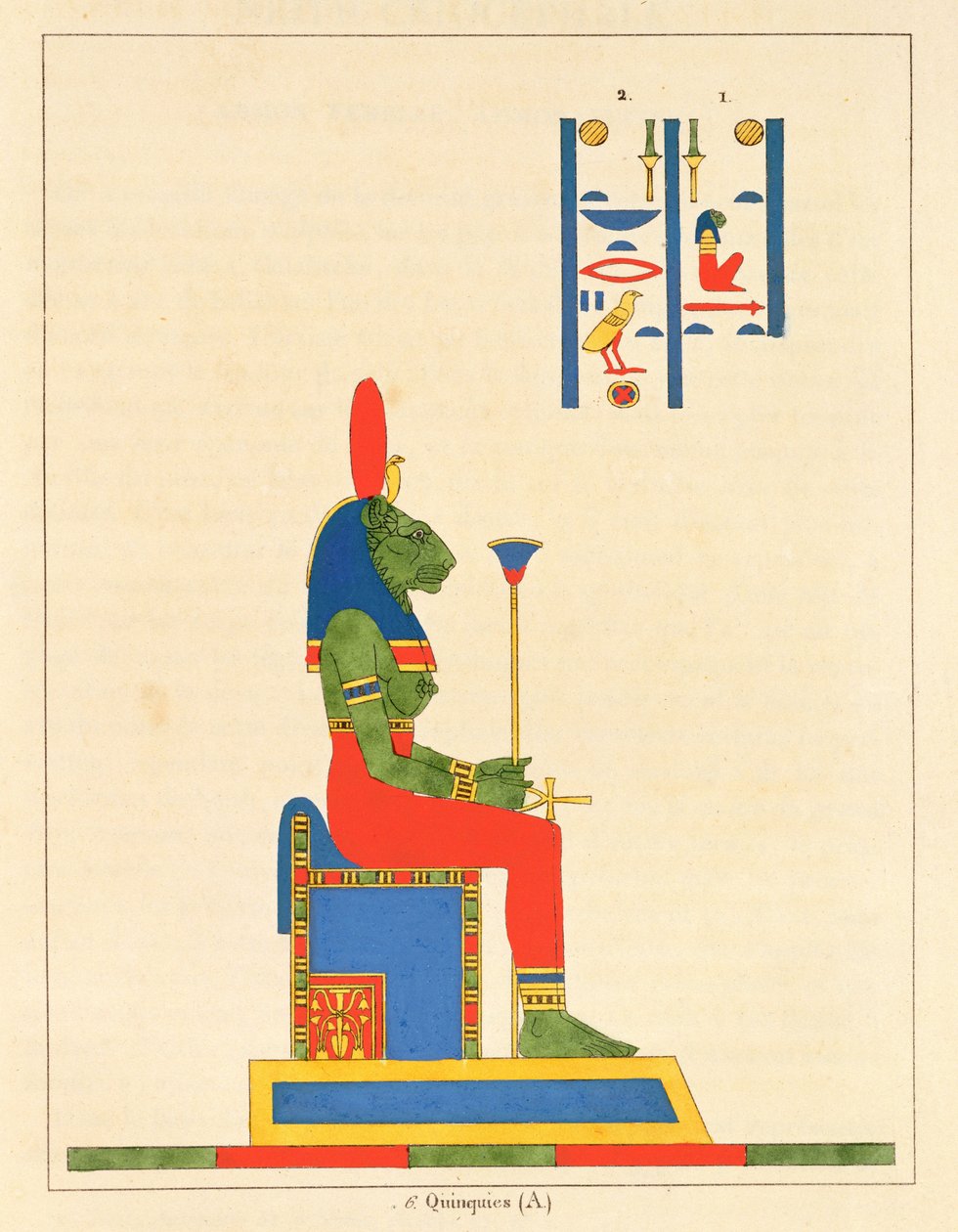 Jumalatar Sekhmet, kuvitus Egyptin Pantheonista: Jean-Francois Champollionin kokoelma mytologisia hahmoja muinaisesta Egyptistä, julkaistu 1823-25 tekijältä Leon Jean Joseph Dubois