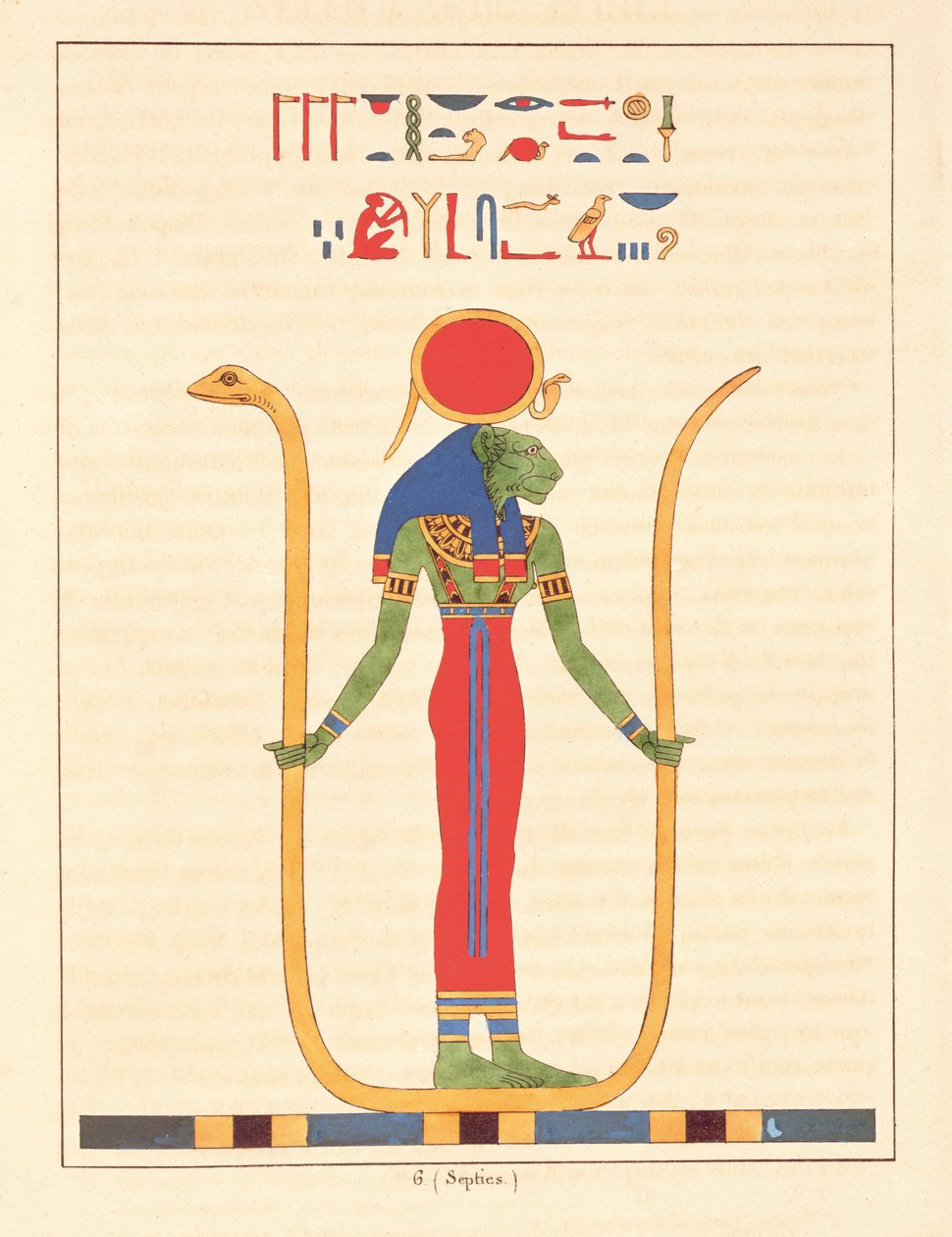 Jumalatar Sekhmet, kuvitus Egyptin Pantheonista: Jean-Francois Champollionin kokoelma mytologisia hahmoja muinaisesta Egyptistä, julkaistu 1823-25 tekijältä Leon Jean Joseph Dubois