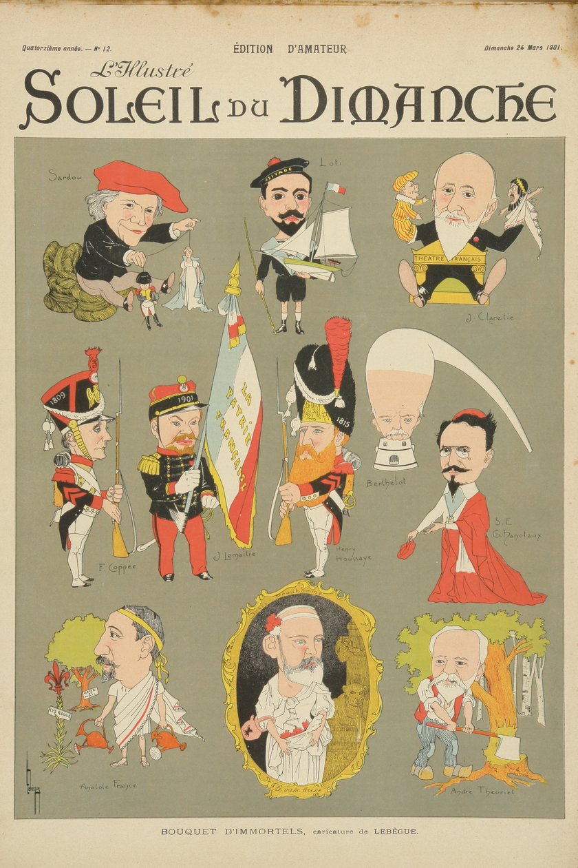 Karikatyyri Academie Francaisen jäsenistä "Soleil du Dimanche" -lehden kannesta sunnuntaina 24. maaliskuuta 1901 tekijältä Leon Lebegue