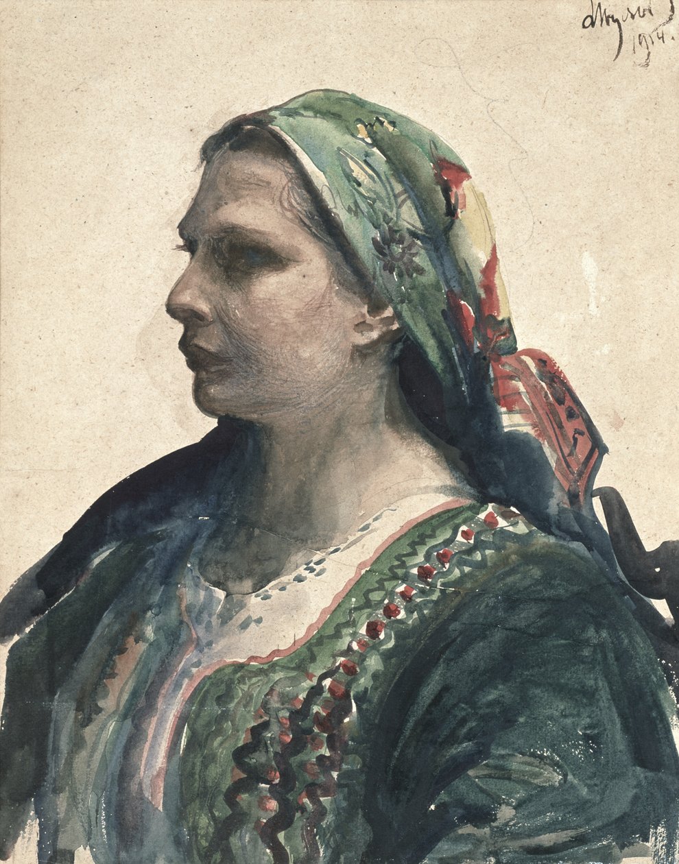 Nainen Krakowien-korsetissa, 1914 tekijältä Leon Wyczolkowski