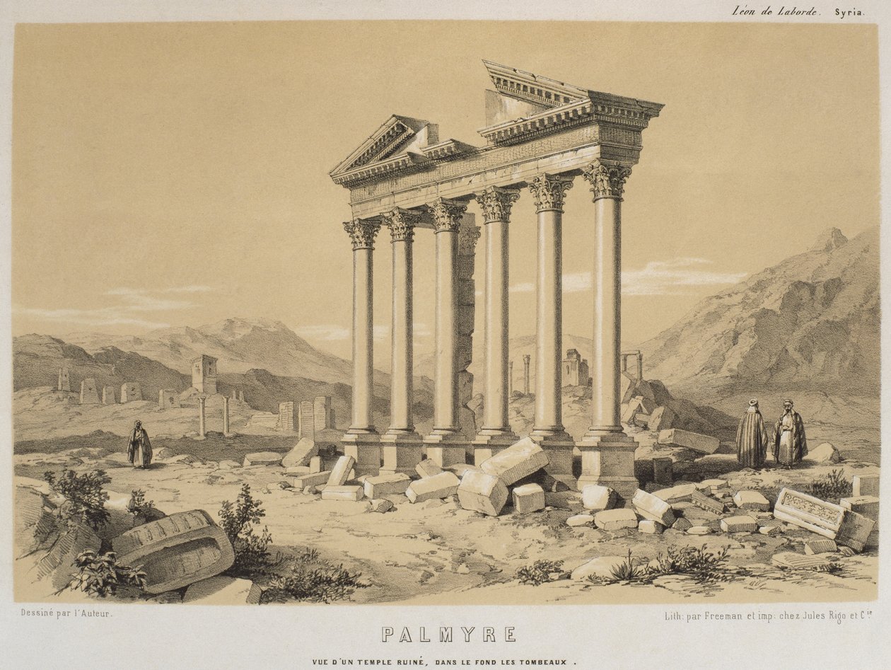 Näkymä raunioituneesta temppelistä, Palmyra, Syyria, kuvitus Leon de Laborden "Voyage en Asie Mineure" -teoksesta, Pariisi, 1838 tekijältä Leon de Laborde