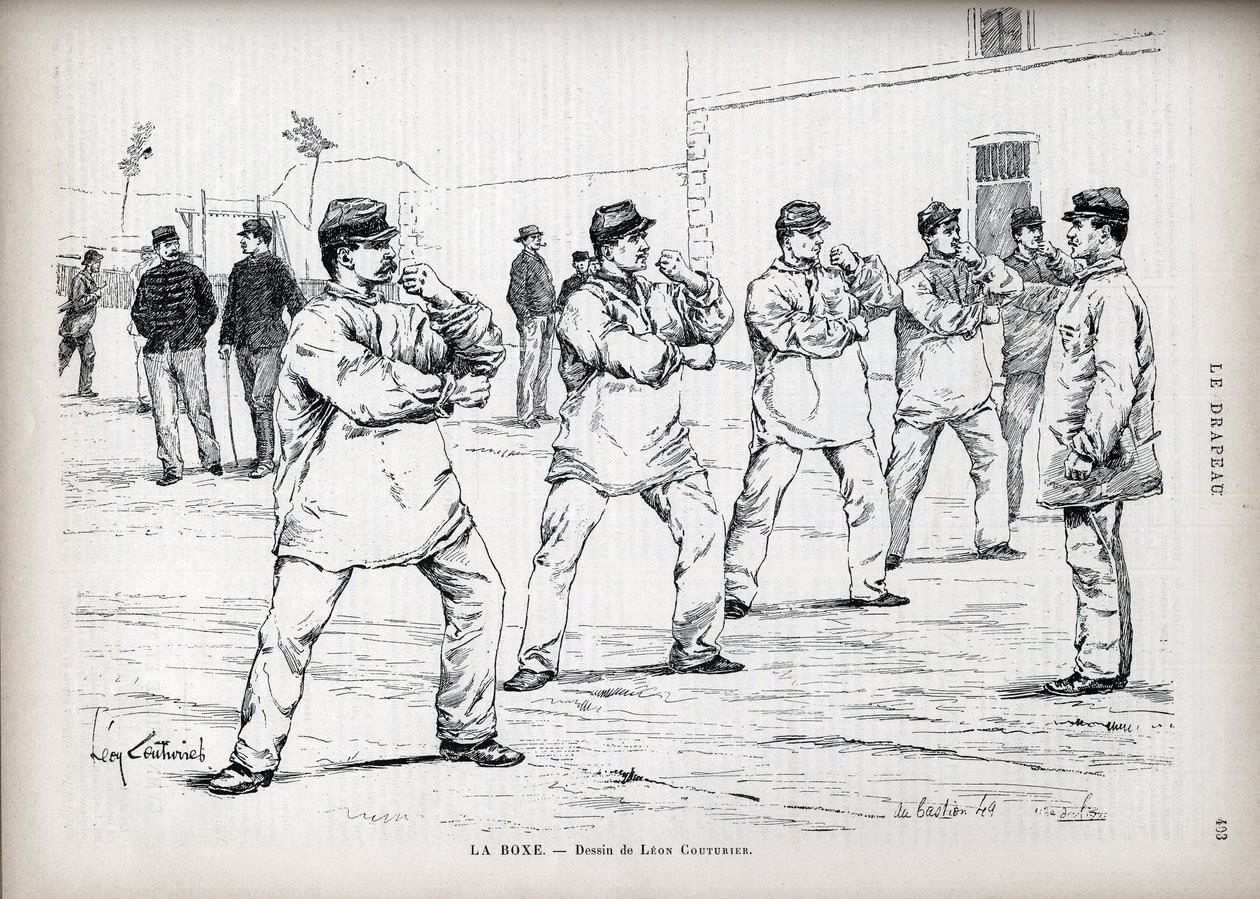 La Boxing - Ranskan Armees - piirustus Leon Couturier (1842-1935) - "" The Flag" - Patrioottien liigan tarkkailija - 22. elokuuta tekijältä Leon Antoine Lucien Couturier