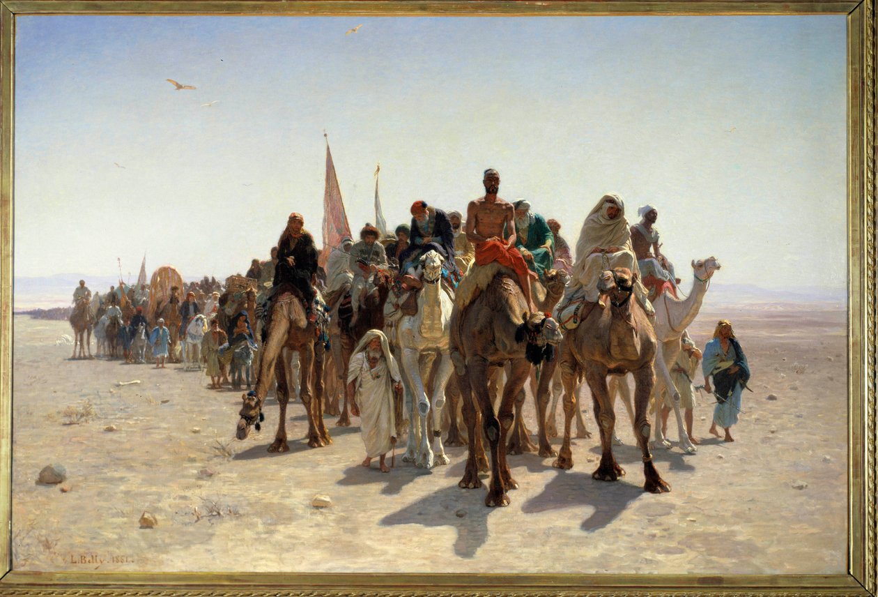 Peleriinit menossa Mecca Carvaneen autiomaassa kameleilla matkustavilta. Leon Auguste Adolphe Bellyn (1827-1877) maalaus 1861 su. 1,6x2,4 m Pariisi, musee d