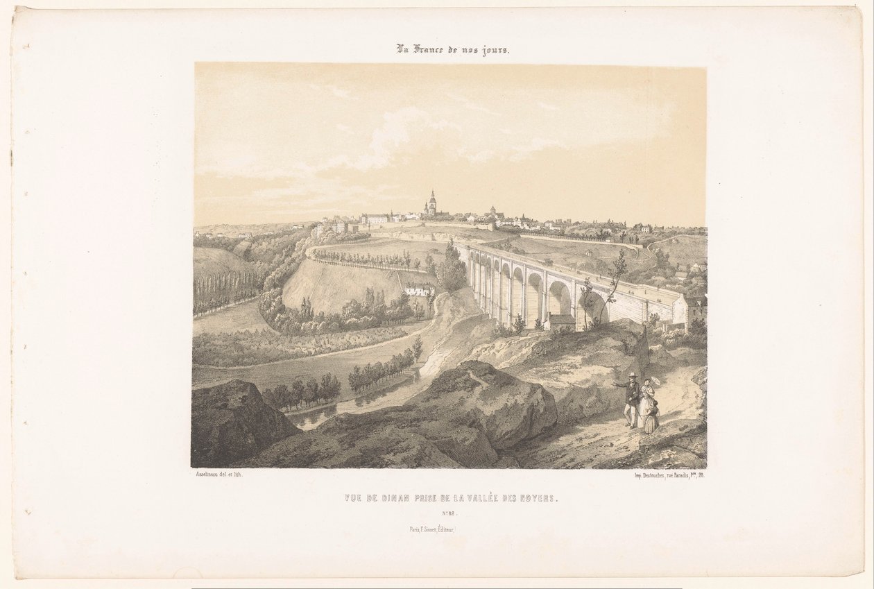 Näkymä Dinanille ja maasillalle Rance-joen yli Vue de Dinan -palkinto de la Vallée des Noyers (nimi esineessä) Contemporary France (sarjan nimi) La France de nos jours (sarjan nimi esineellä) tekijältä Leon Auguste Asselineau