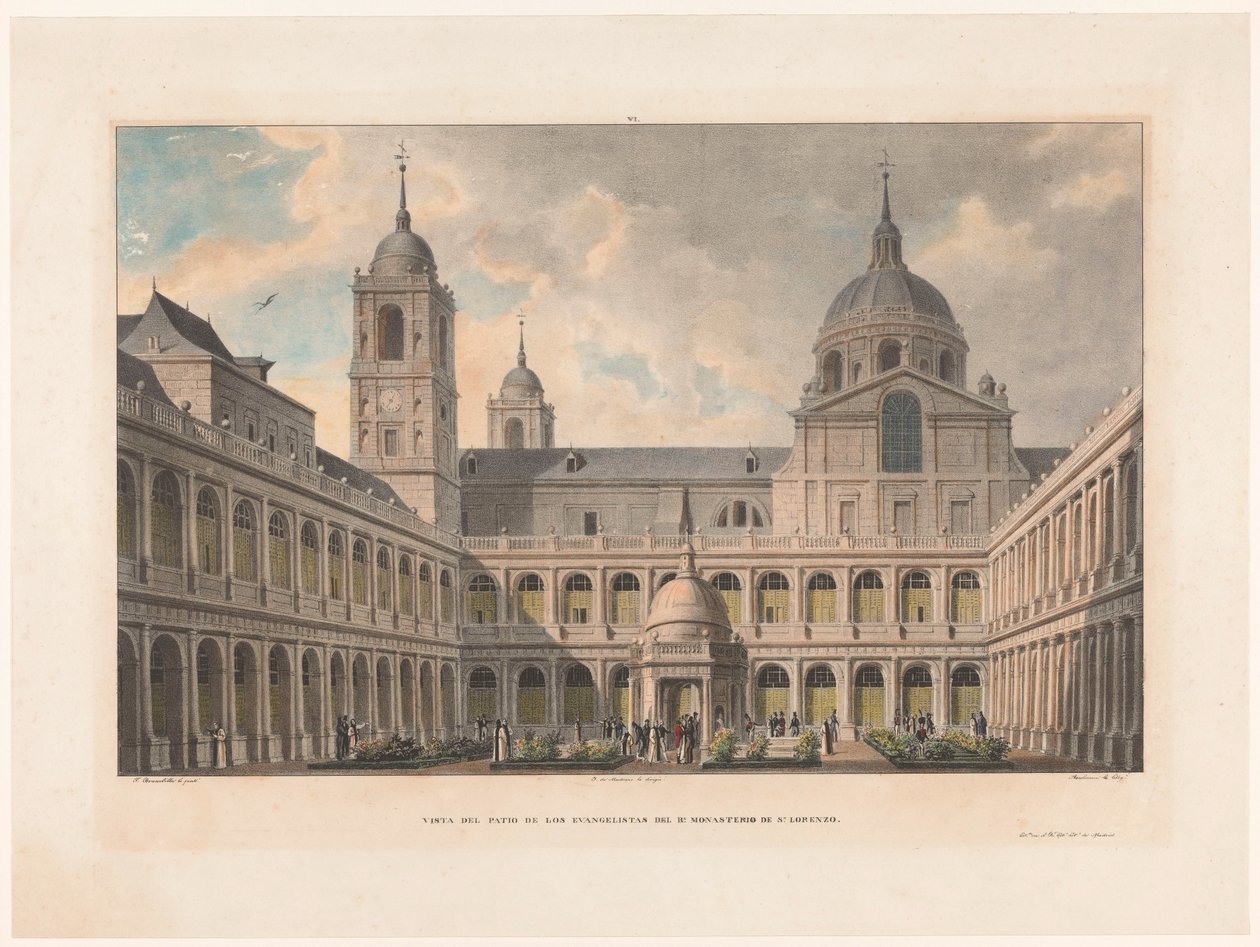 Zicht op de San Lorenzo de El Escorialin luostarin evankelistien sisäpiha Näkymä S. Lorenzon R.-luostarin evankelistien pihalle (otsikko esineessä) tekijältä Leon Auguste Asselineau