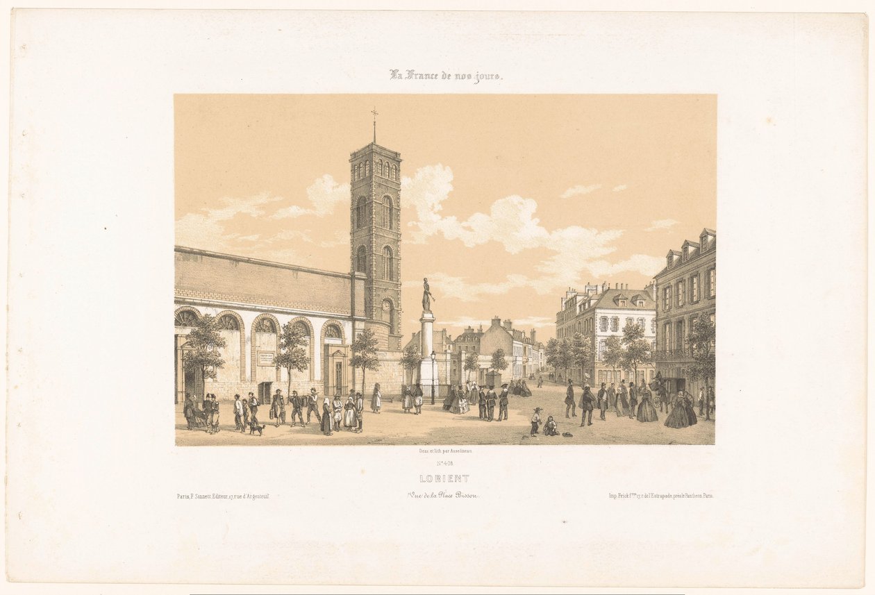 Näkymä Place Bissonille Lorientissa lorient. Vue de la place Bisson (otsikko esineessä) Contemporary France (sarjan nimi) La France de nos jours (sarjan nimi esineellä) tekijältä Leon Auguste Asselineau