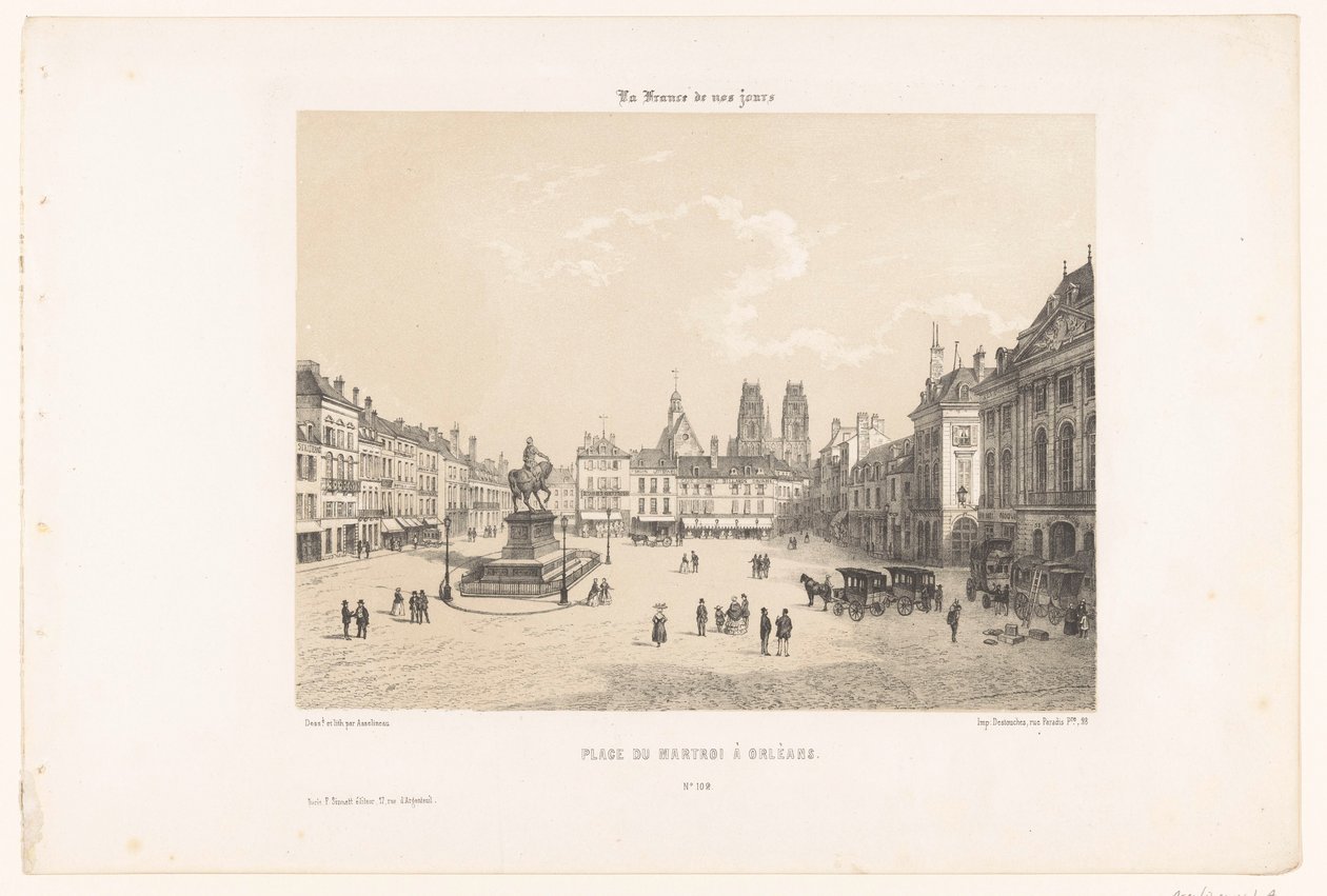 Näkymä Place du Martroi -aukiolle Orléansissa Place du Martroi à Orleans (otsikko esineessä) Contemporary France (sarjan nimi) La France de nos jours (sarjan nimi esineellä) tekijältä Leon Auguste Asselineau
