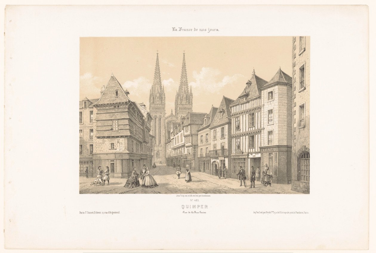Näkymä Rue Kéréonille ja Quimperin katedraalille Quimper. Vue de la rue Kerion (otsikko esineessä) Contemporary France (sarjan nimi) La France de nos jours (sarjan nimi esineellä) tekijältä Leon Auguste Asselineau