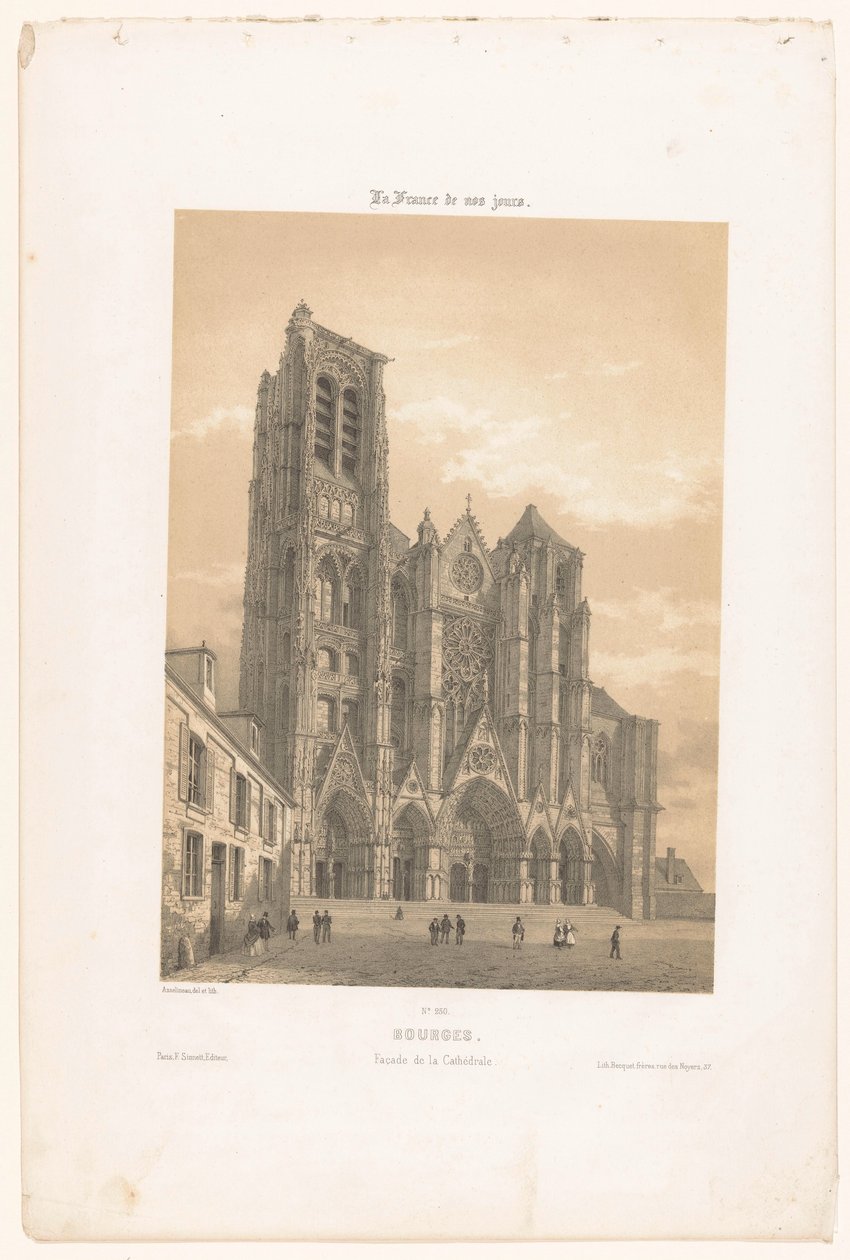 Näkymä Bourgesin katedraalin julkisivusta Bourges. Façade de la cathédrale (otsikko esineessä) Contemporary France (sarjan nimi) La France de nos jours (sarjan nimi esineellä) tekijältä Leon Auguste Asselineau