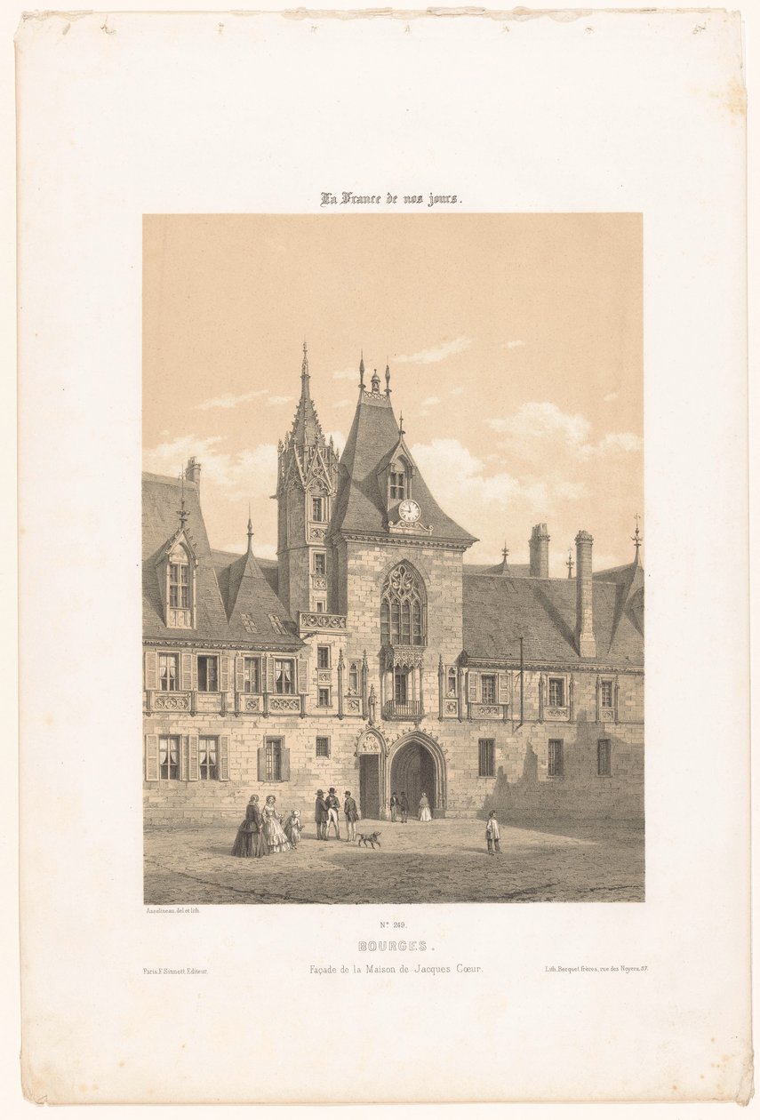 Näkymä Palais Jacques-Coeurin julkisivusta Bourgesissa Bourges. Façade de la maison de Jacques Coeur (otsikko esineessä) Contemporary France (sarjan nimi) La France de nos jours (sarjan nimi esineellä) tekijältä Leon Auguste Asselineau