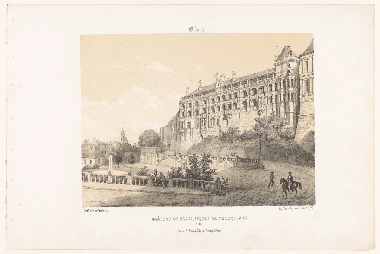 Näkymä Bloisin linnan kuningas Francis I:n julkisivusta blois. Château de Blois, julkisivu François Ier. (otsikko esineessä) Contemporary France (sarjan nimi) La France de nos jours (sarjan nimi) tekijältä Leon Auguste Asselineau