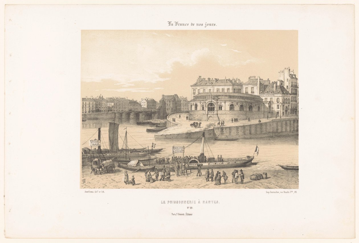 Näkymä Nantesin kalastushalliin laiturilta La poissonnerie à Nantes (otsikko esineessä) Contemporary France (sarjan nimi) La France de nos jours (sarjan nimi esineellä) tekijältä Leon Auguste Asselineau