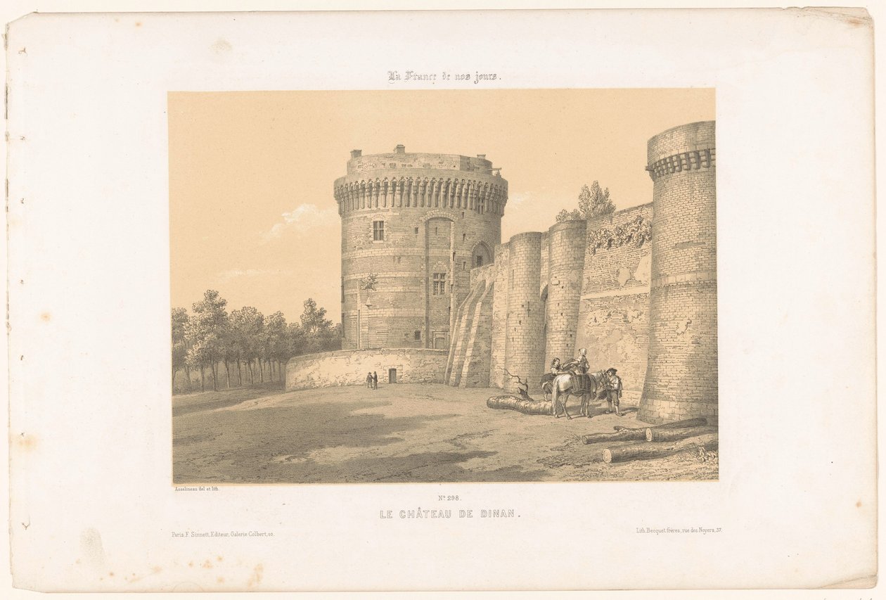 Näkymä yhdelle Dinanin linnan torneista Le Château de Dinan (otsikko esineessä) Contemporary France (sarjan nimi) La France de nos jours (sarjan nimi esineellä) tekijältä Leon Auguste Asselineau