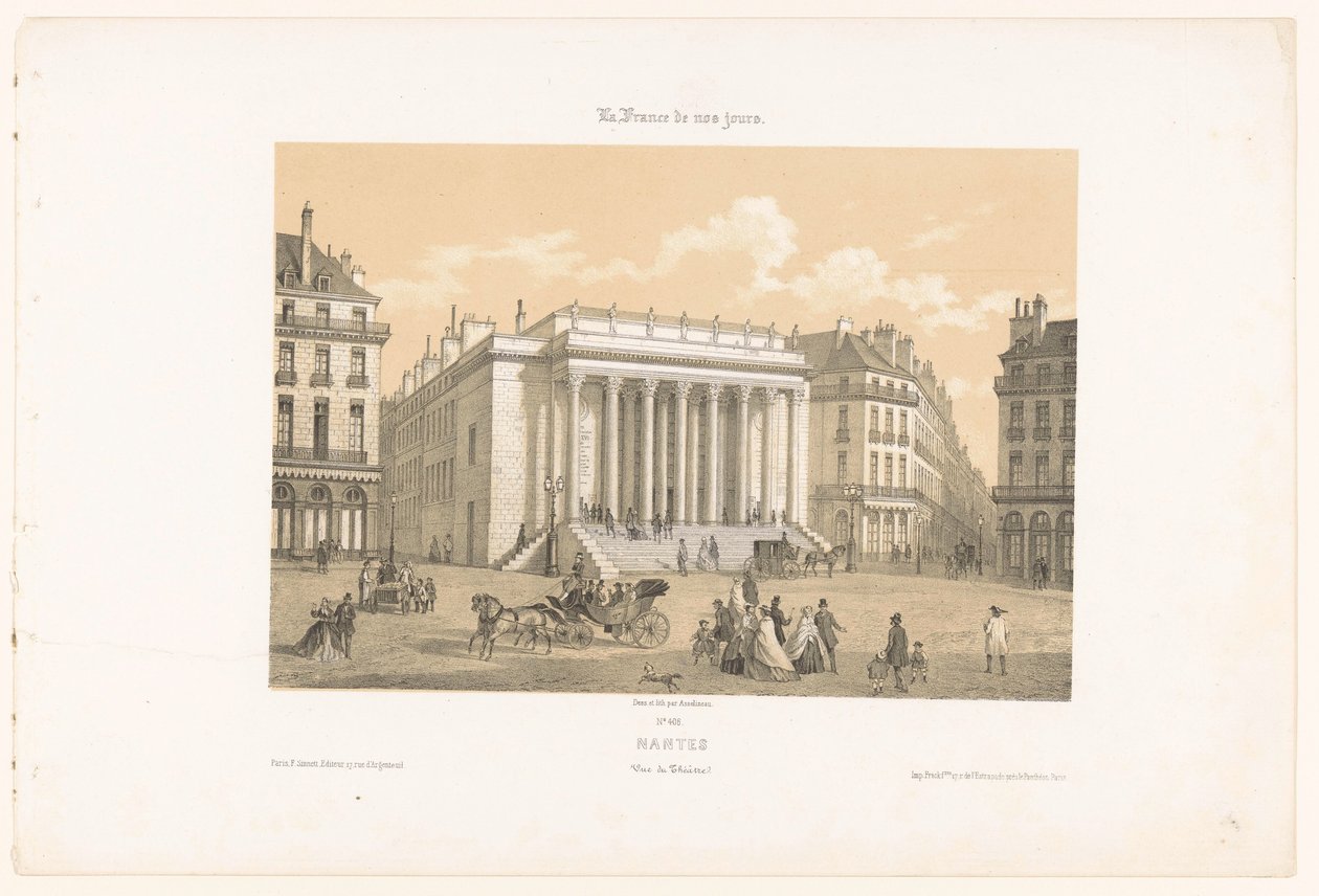 Näkymä Théâtre Graslinille Nantesissa Nantes. Vue du theatre (otsikko esineessä) Contemporary France (sarjan nimi) La France de nos jours (sarjan nimi esineellä) tekijältä Leon Auguste Asselineau