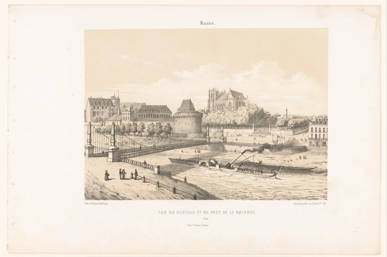 Näkymä linnalle ja Pont de la Rotondelle Loiren yli Nantesissa Nantes. Vue du chateau et du pont de la Rotonde (otsikko esineessä) Contemporary France (sarjan nimi) La France de nos jours (sarjan nimi) tekijältä Leon Auguste Asselineau
